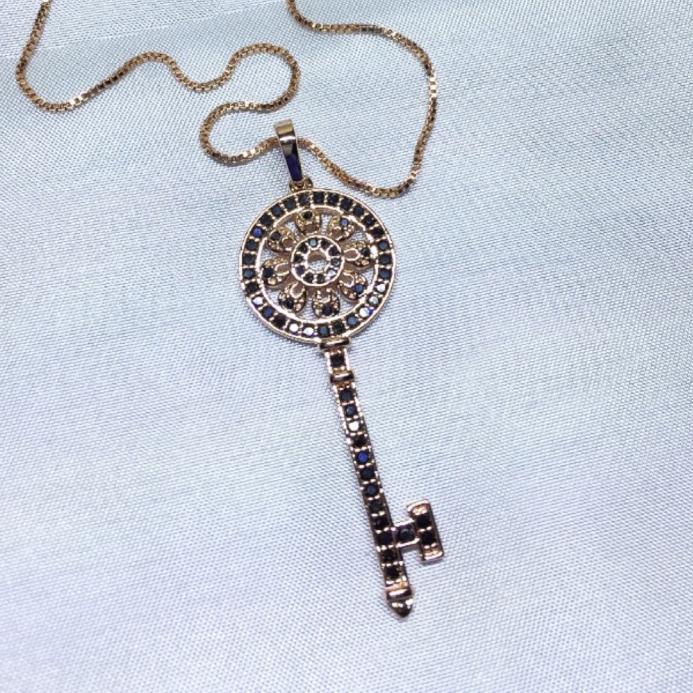 Gold black diamond key necklace